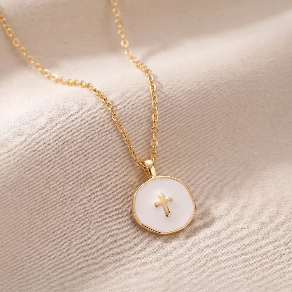 Elyvia | Cross Pendant Necklace for Women - Gold Enamel Minimalist Elegant Fit-Necklaces-Pearl White-Gold-plated-Camoufit