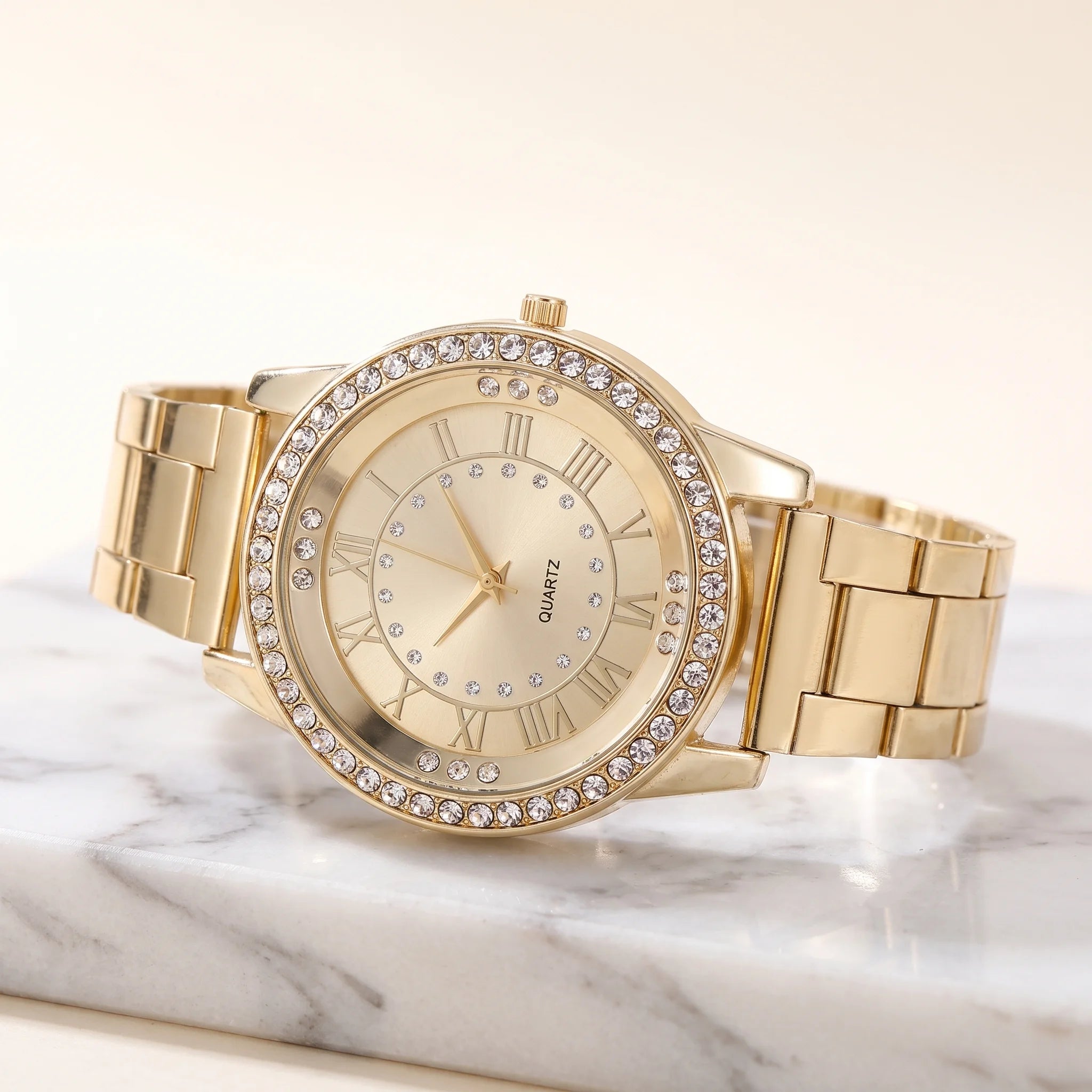 Céllia | Watch for Women - Quartz Crystal Bezel Roman Numeral Stainless Steel Elegant Fit-Watches-Rose Gold-Camoufit