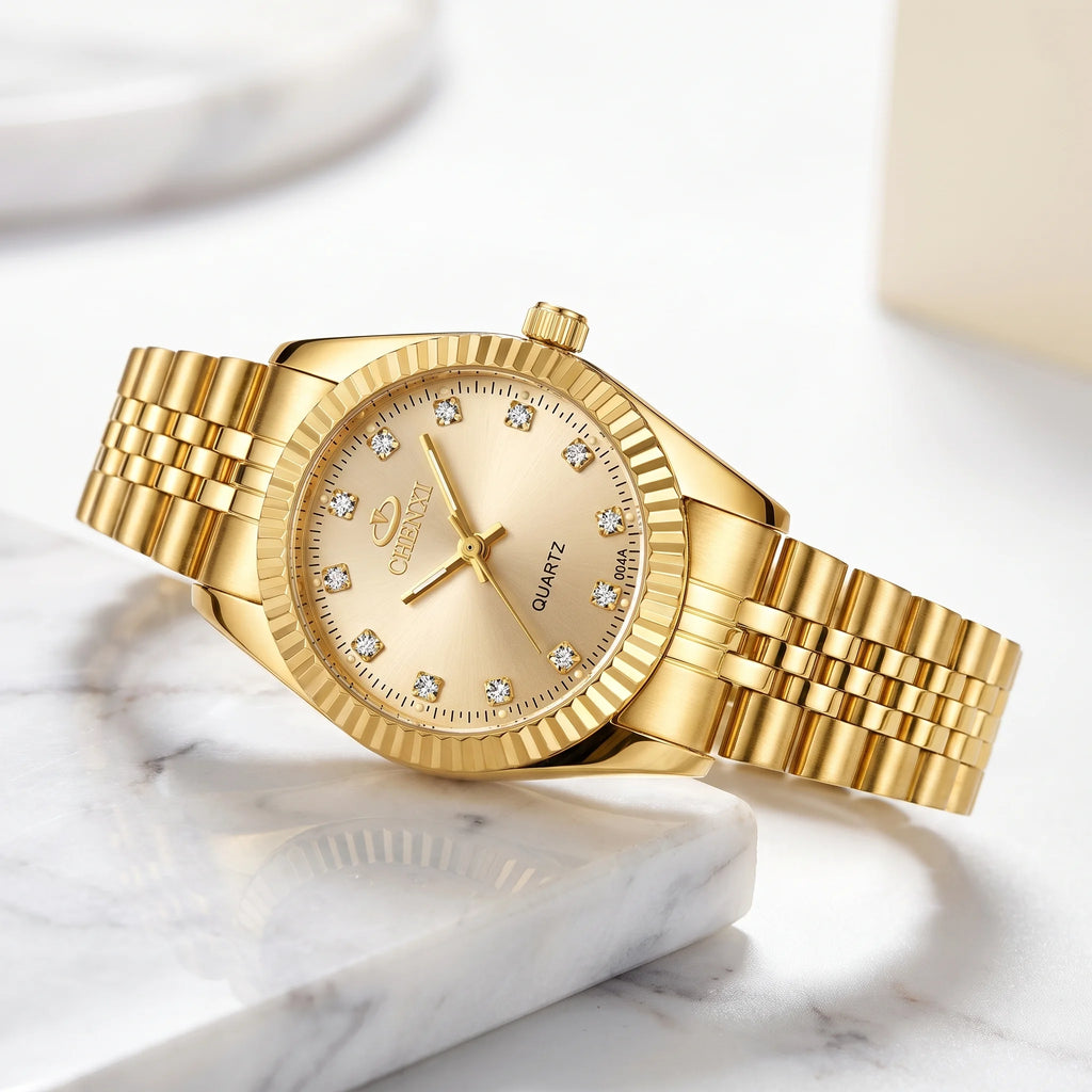 Rovina | Mini Quartz Watch for Women - Gold Zirconia Stainless Steel Analog Elegant Fit-Watches-Camoufit
