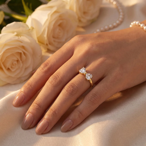Alouette | Promise Ring for Women - Twin Heart Stone Gold Band Elegant Fit-Ring-Gold-5-Camoufit