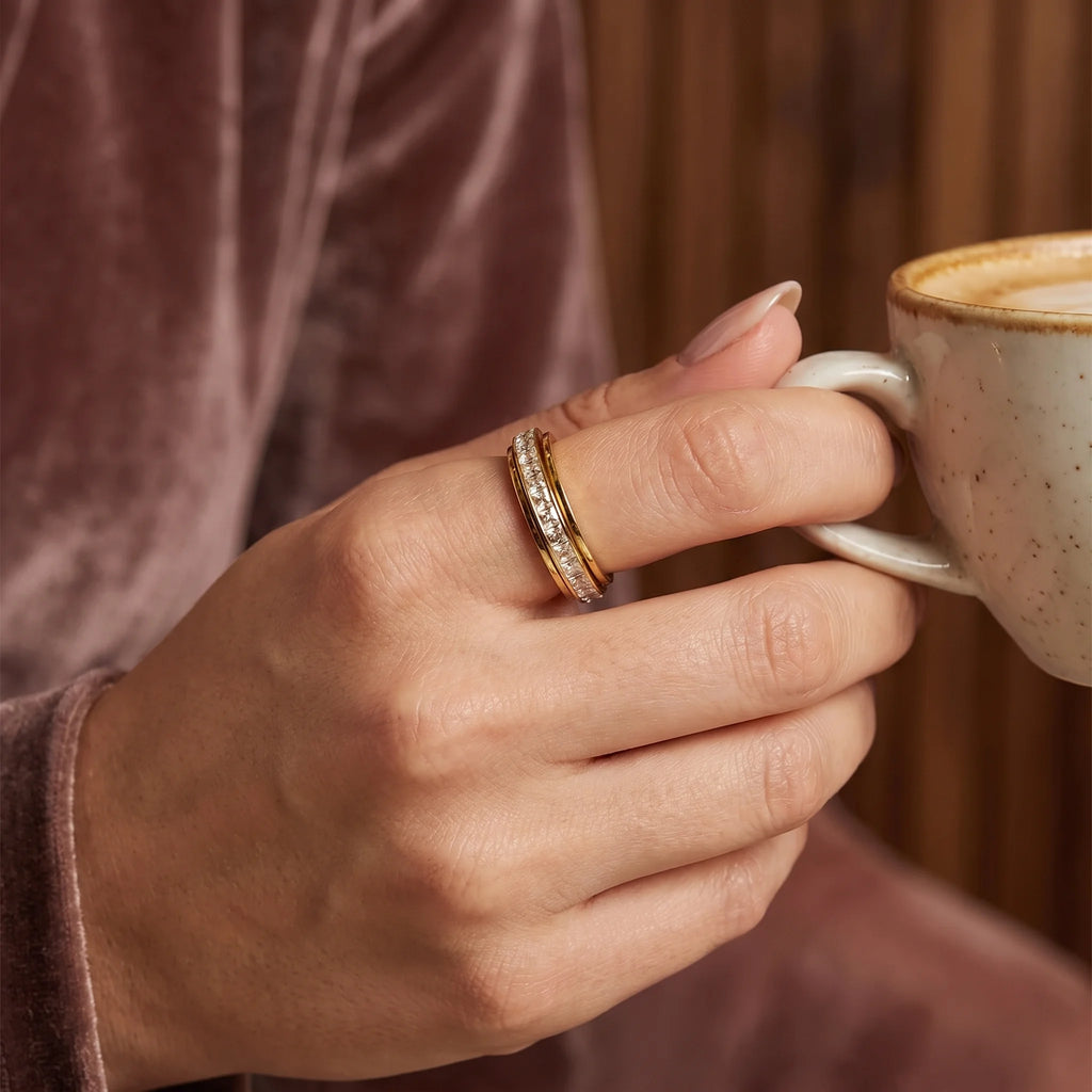 Fioré | Spinner Ring for Women - Silver Crystal Fidget Rotating Band Elegant Fit-Ring-Gold-5-Camoufit