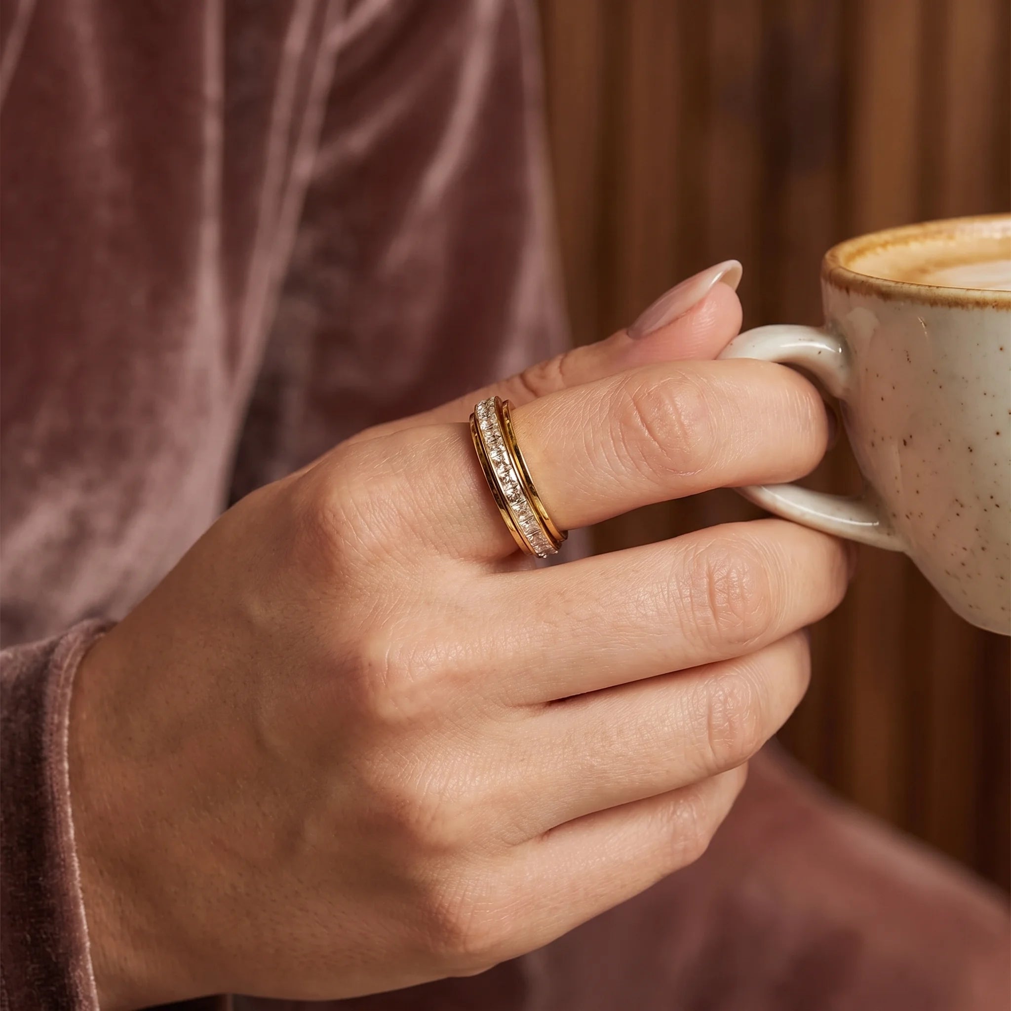 Fioré | Spinner Ring for Women - Silver Crystal Fidget Rotating Band Elegant Fit-Ring-Gold-5-Camoufit