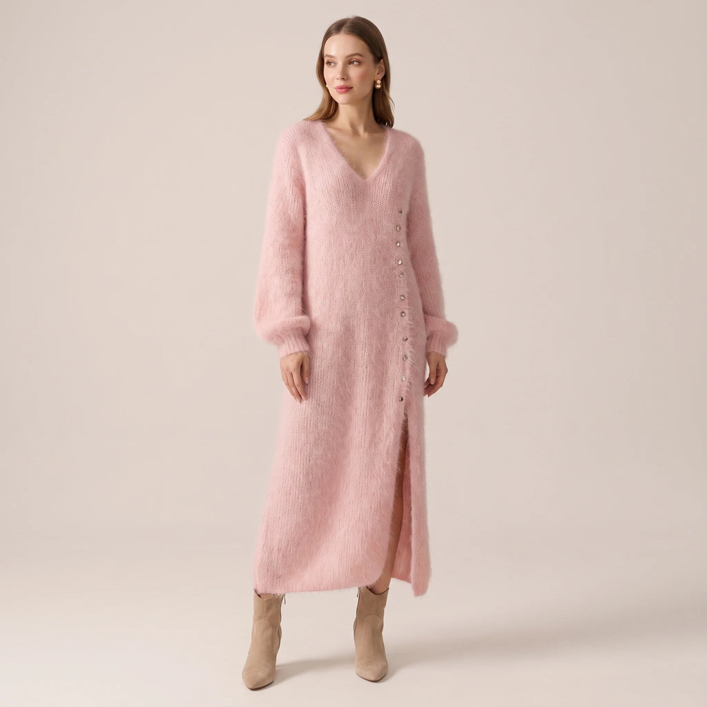 Velina | Knit Midi Dress for Women – Faux Fur Soft Relaxed Fit-Dresses-Light Pink-XS-Camoufit