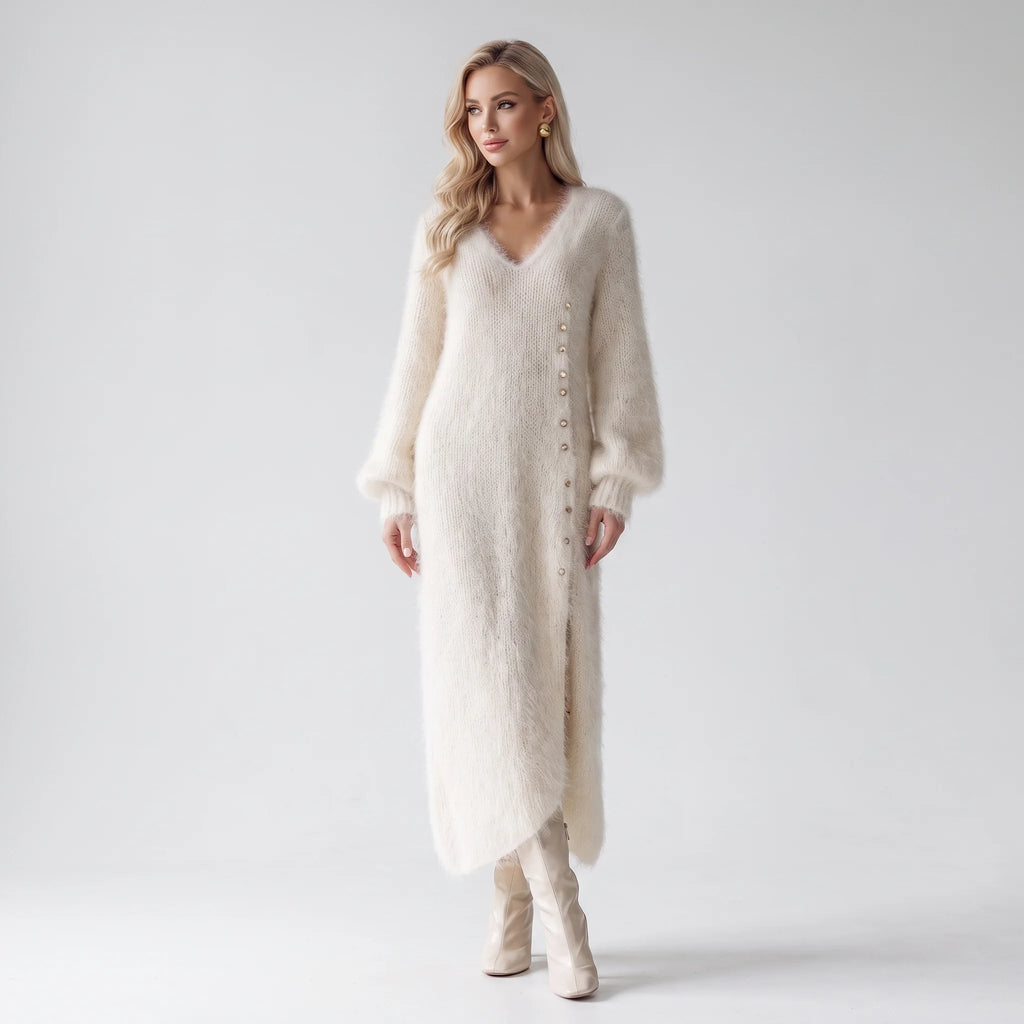 Velina | Knit Midi Dress for Women – Faux Fur Soft Relaxed Fit-Dresses-White-XS-Camoufit