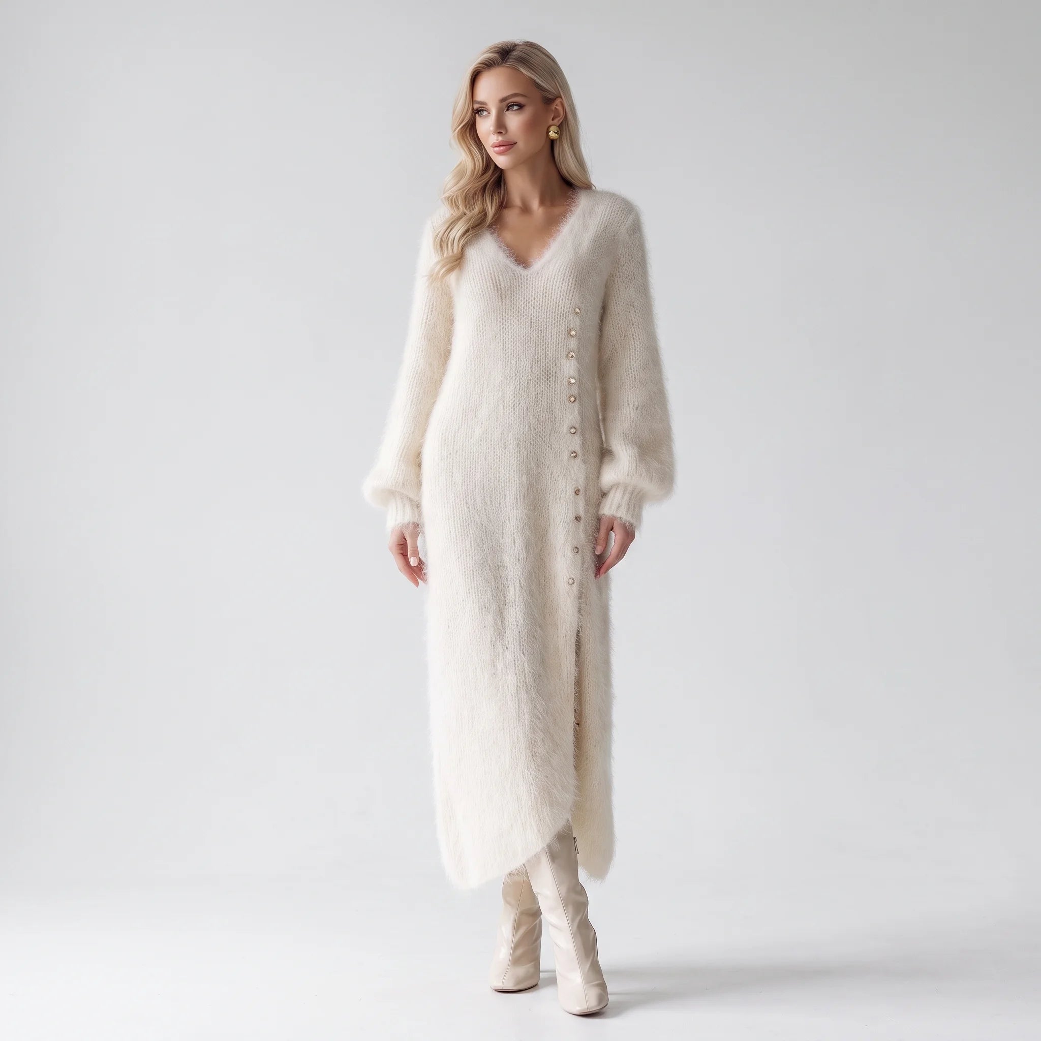 Velina | Knit Midi Dress for Women – Faux Fur Soft Relaxed Fit-Dresses-White-XS-Camoufit
