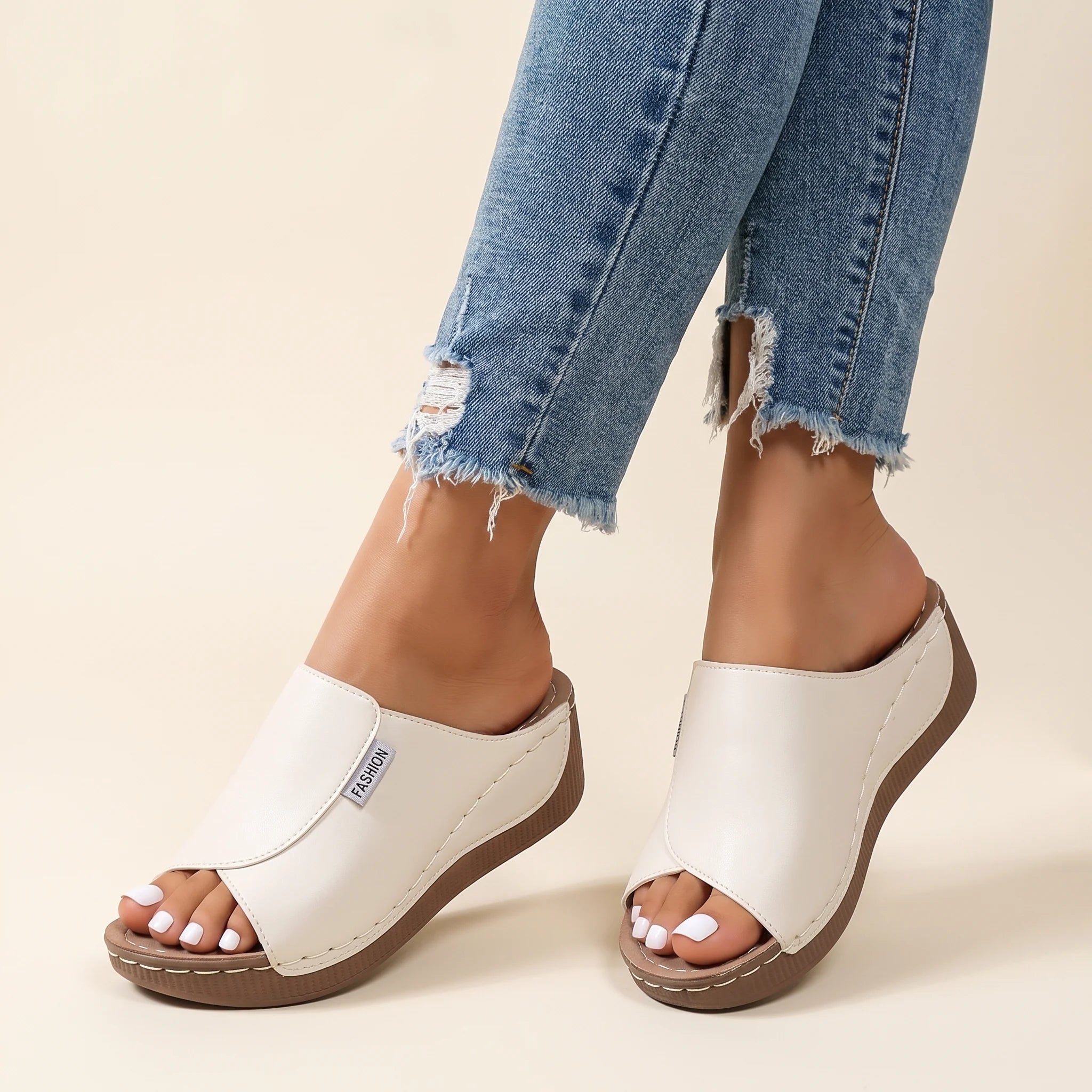 Fiora | Wedge Slide Sandals for Women - Open Toe Platform Wide Strap Regular Summer Fit-Women's Sandals-White-3-Camoufit
