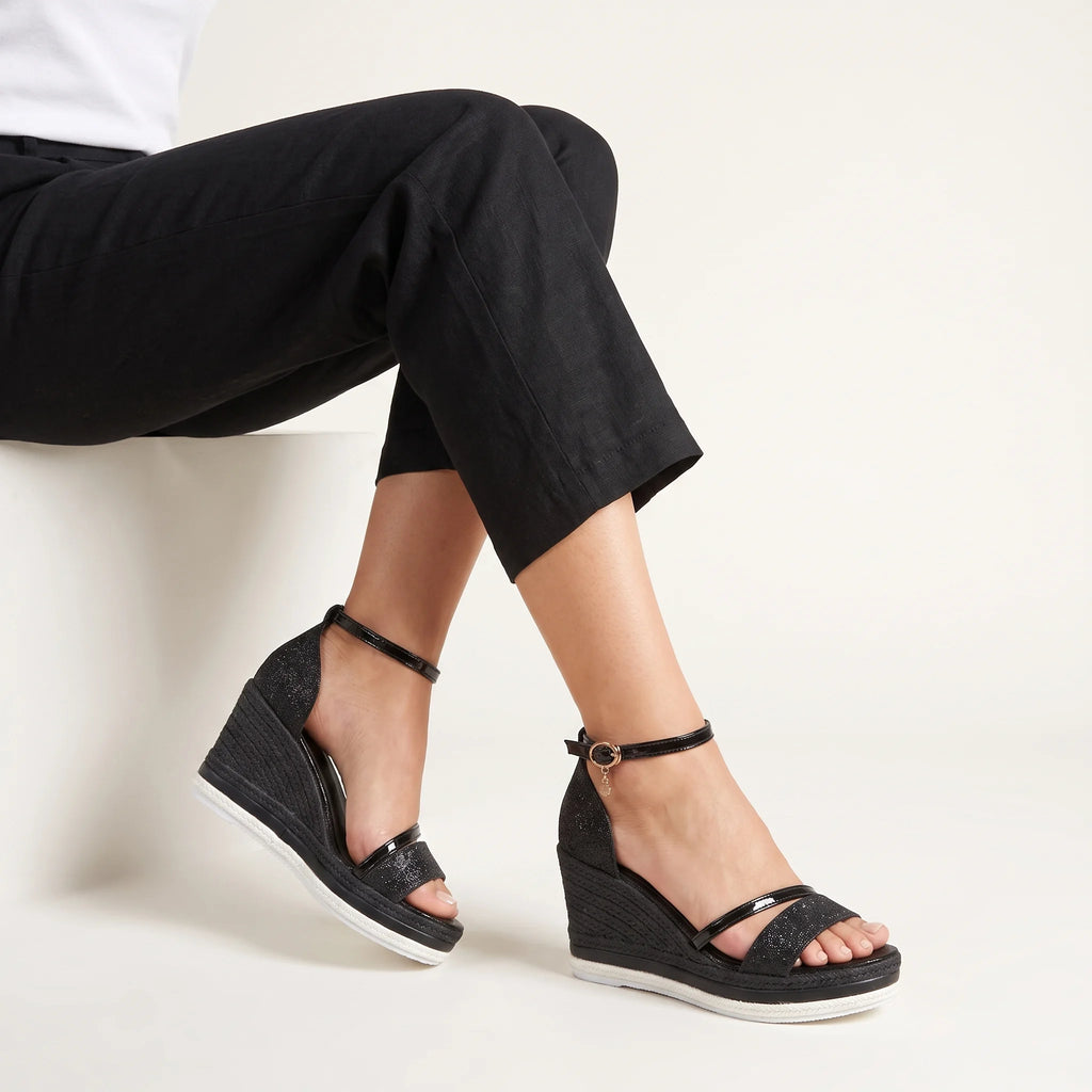 Aléora | Cushioned Sandals for Women - Slip On Contoured Footbed Low Platform Comfort Fit-Women's Heels-Black-5-Camoufit