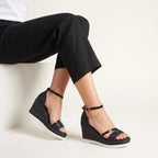 Aléora | Cushioned Sandals for Women - Slip On Contoured Footbed Low Platform Comfort Fit-Women's Heels-Black-5-Camoufit