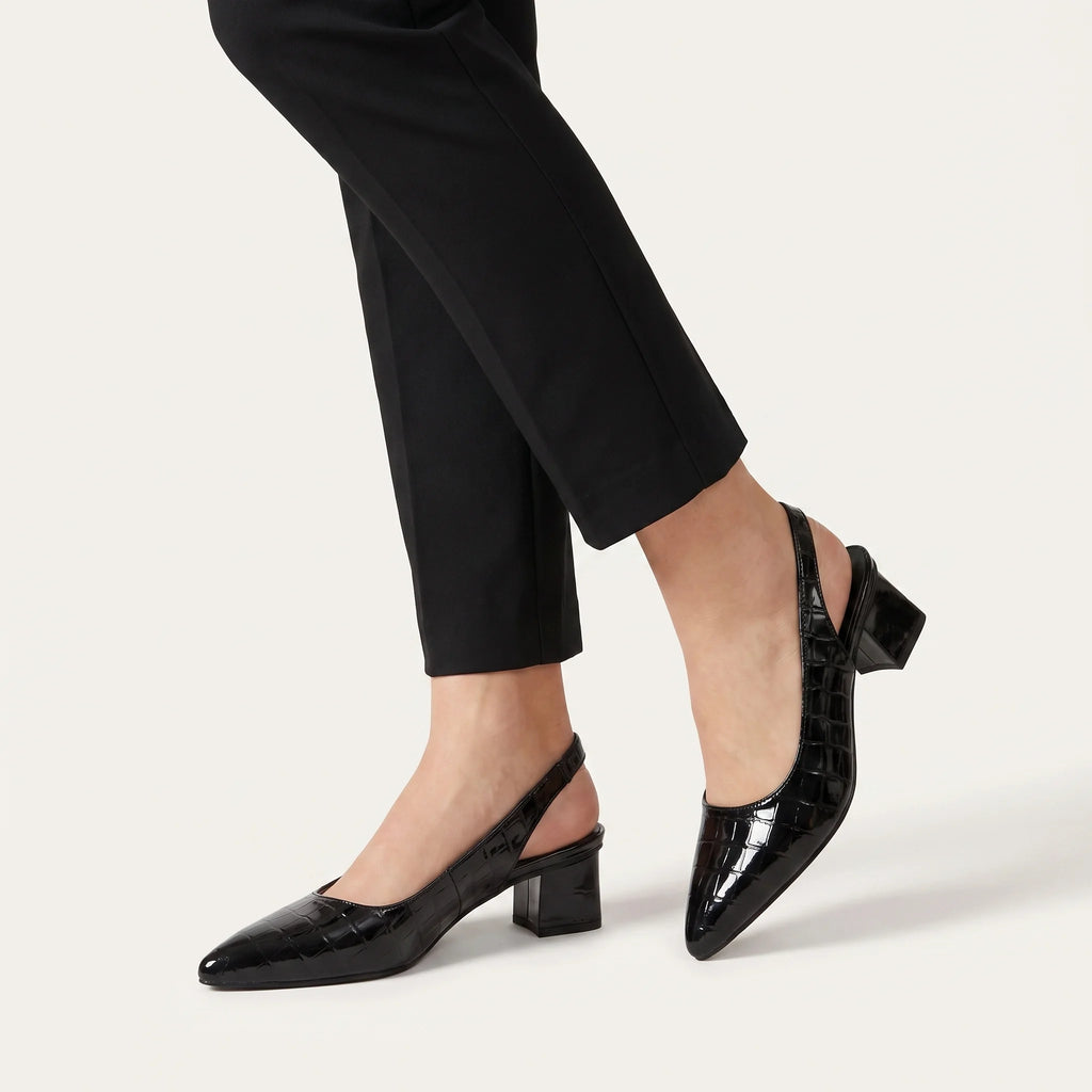 Vessia | Slingback Heels for Women - Pointed Toe Block Heel Regular Everyday Comfort Fit-Pointed Heels-Black-4-Camoufit