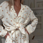 Évara | Pyjama Set for Women - Heart Print Lightweight Relaxed Soft Cosy Loungewear Fit-Women's Two Piece Sets-Brown-S-Camoufit