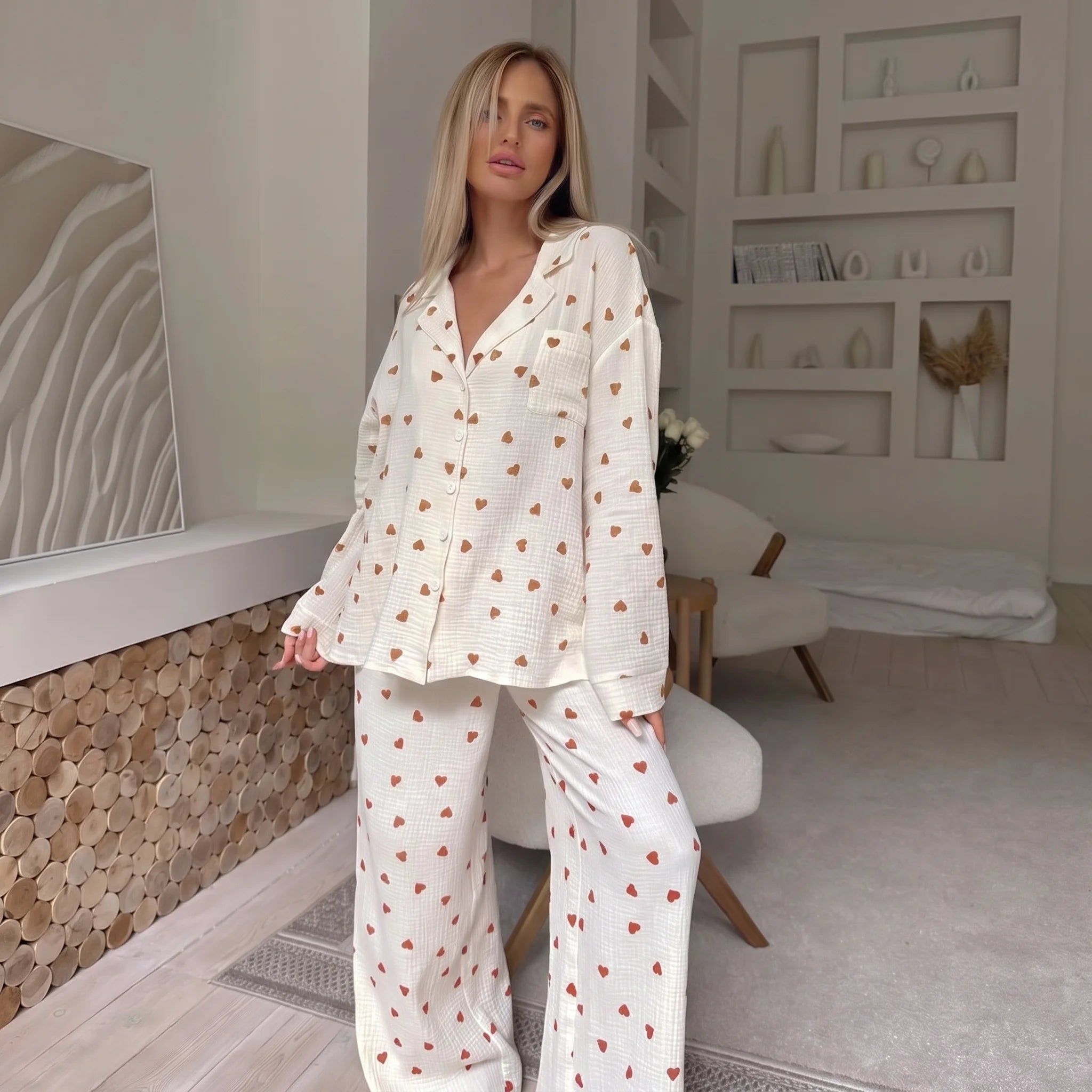 Évara | Pyjama Set for Women - Heart Print Lightweight Relaxed Soft Cosy Loungewear Fit-Women's Two Piece Sets-Brown-S-Camoufit