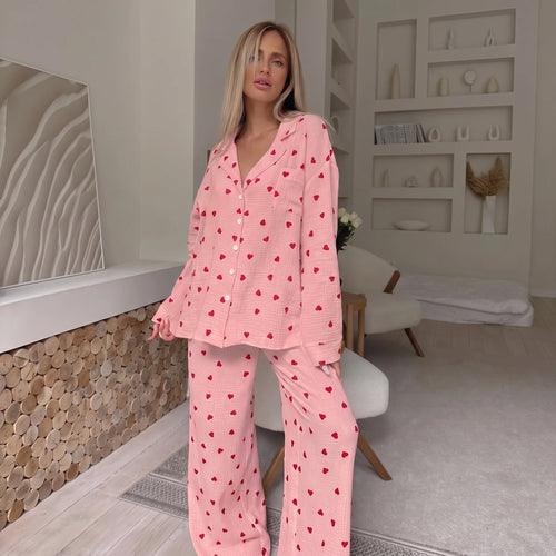 Calyra | Pyjama Set for Women - Heart Print Lightweight Relaxed Soft Cosy Loungewear Fit-Women's Two Piece Sets-Pink-S-Camoufit