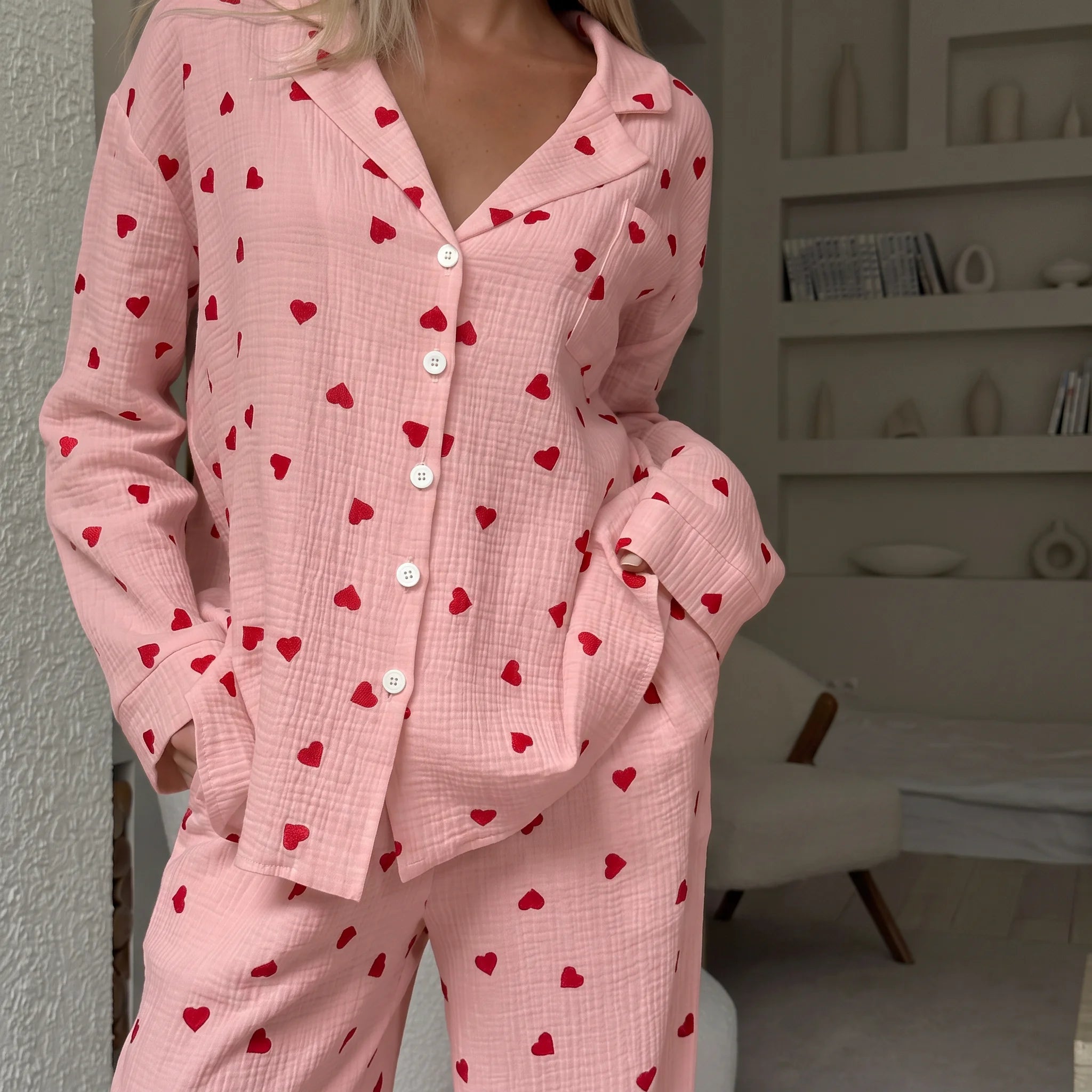 Calyra | Pyjama Set for Women - Heart Print Lightweight Relaxed Soft Cosy Loungewear Fit-Women's Two Piece Sets-Pink-S-Camoufit