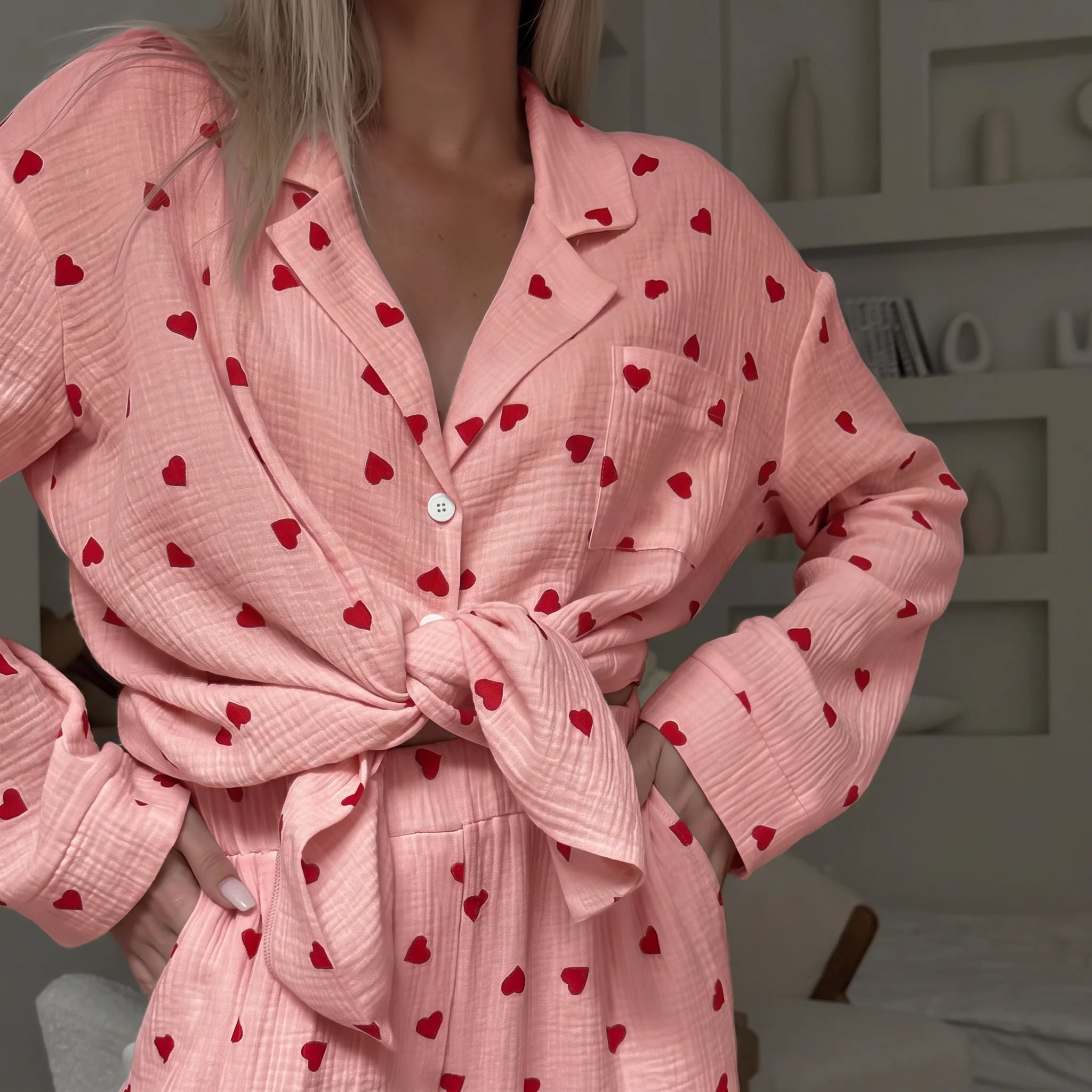 Calyra | Pyjama Set for Women - Heart Print Lightweight Relaxed Soft Cosy Loungewear Fit-Women's Two Piece Sets-Pink-S-Camoufit