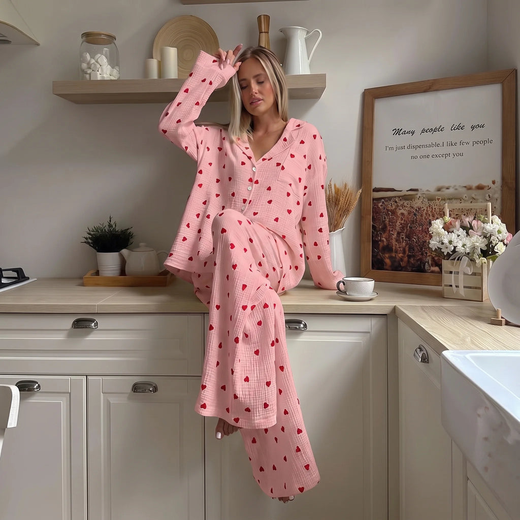 Calyra | Pyjama Set for Women - Heart Print Lightweight Relaxed Soft Cosy Loungewear Fit-Women's Two Piece Sets-Pink-S-Camoufit