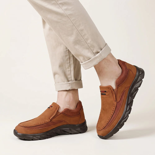 Bellaro | Slip On Loafers for Men - Nubuck Hybrid Textured Panel Casual Regular Fit-Men's Shoes-Brown-6-Camoufit