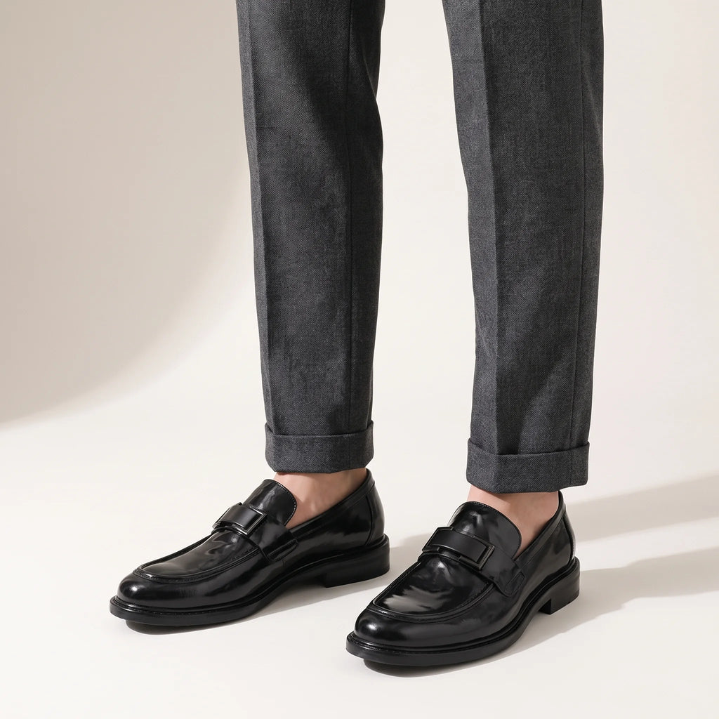 Solano | Loafers Dress Shoes for Men - Slip On Round Toe Strap Detail Formal Regular Fit-Men's Oxford Shoes-Black-5.5-Camoufit