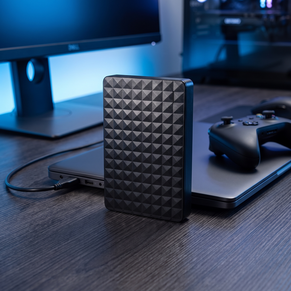Black external hard drive with geometric texture, standing upright with cables attached