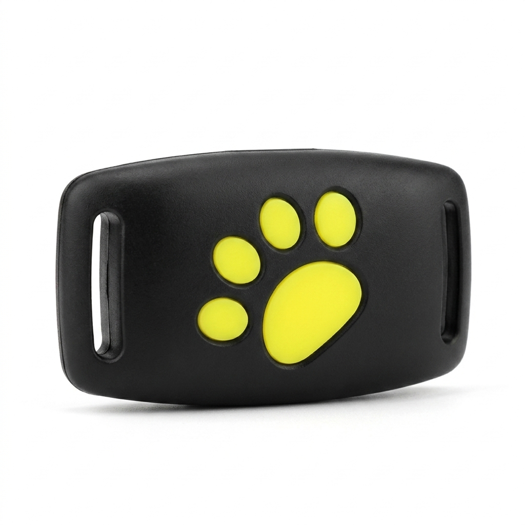 Black rectangular collar GPS tracker with yellow paw icon and side handle cutouts