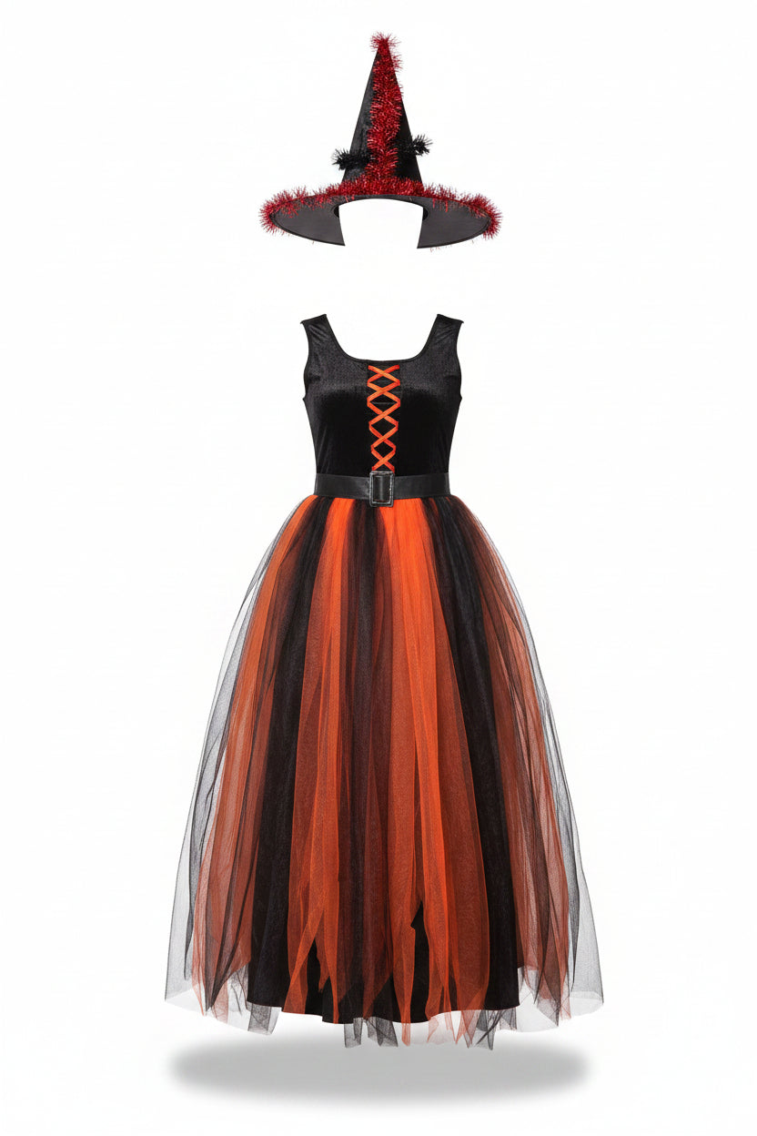Women's Black and Orange Witch Dress Hat and Belt Halloween Costume