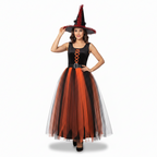 A Halloween costume set featuring a sleeveless black dress with orange lace-up front, a black belt, a layered black and orange tulle skirt, and a matching black witch hat with red trim, shown on a white background.