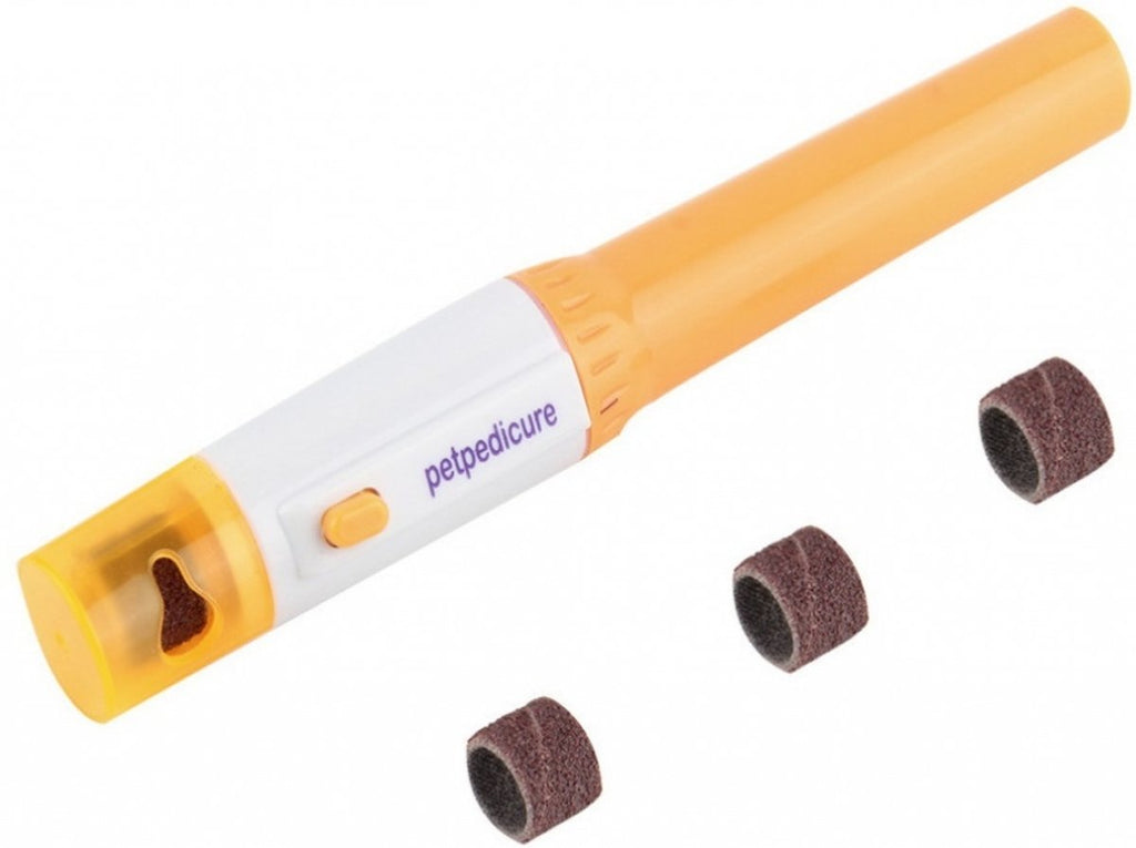 Cordless pet nail grinder with orange-and-white body and four brown sanding sleeves