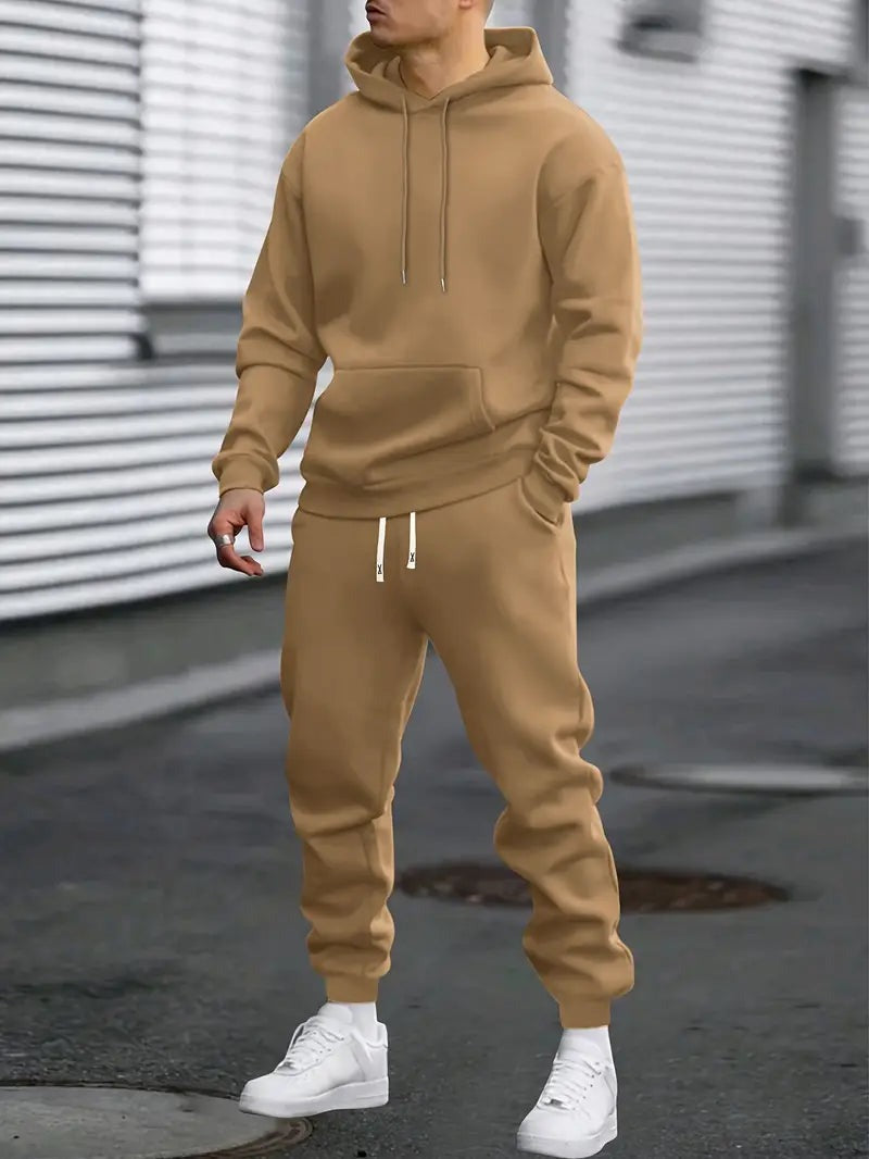 Corenzo | Hoodie Jogger Two Piece Set for Men - Coordinated Clean Waist Casual Relaxed Fit-Men's Two Piece Set-Khaki-S-Camoufit