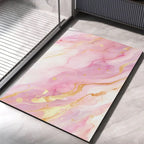 Pink shower bath mat with soft marble swirls and gold speckles, non-slip quick-dry