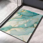 Light blue bath mat with teal marble patches and gold vein design, non-slip quick-dry