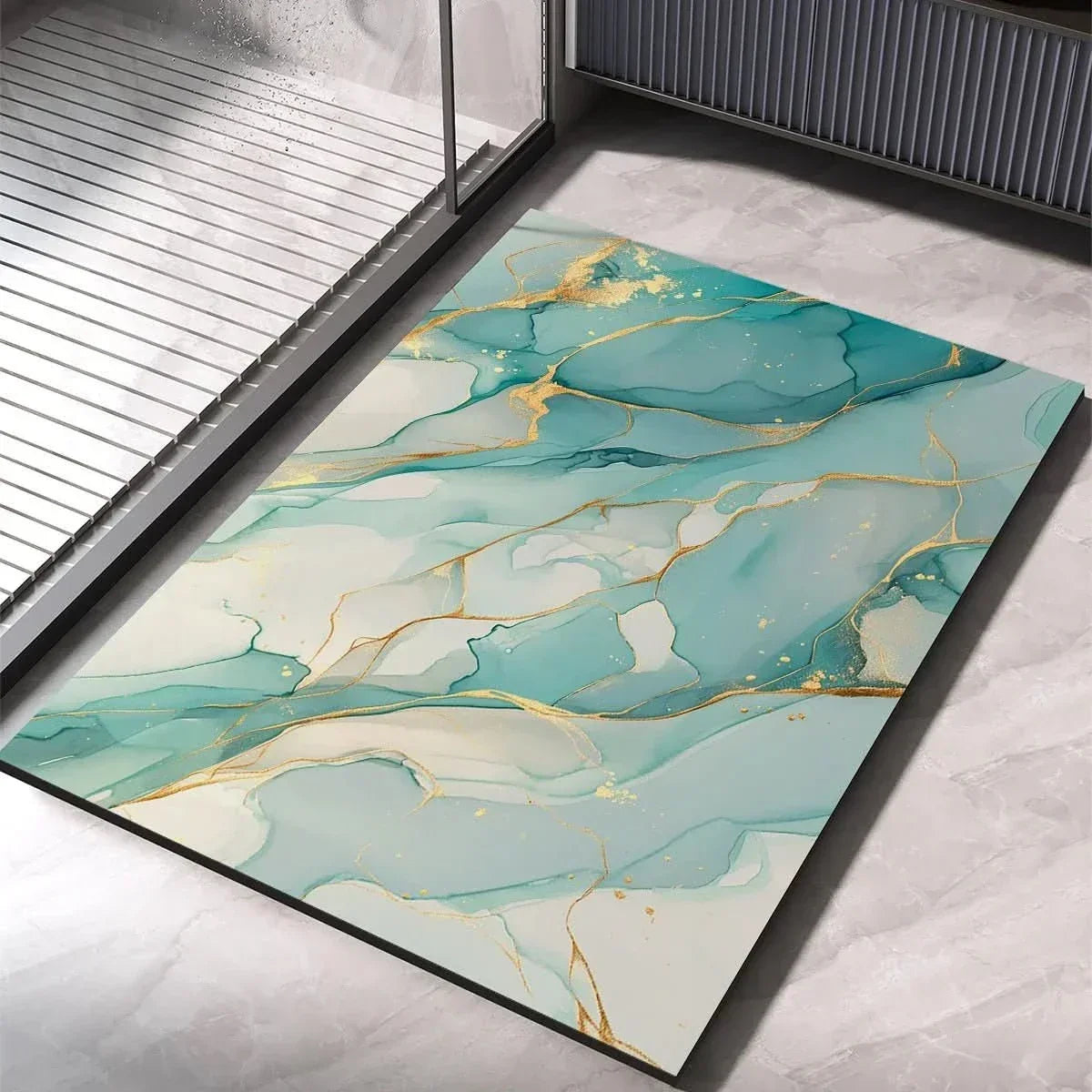 Light blue bath mat with teal marble patches and gold vein design, non-slip quick-dry
