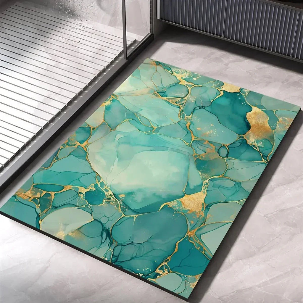 Green-teal bath mat with marbled pools and gold vein lines, quick-dry non-slip