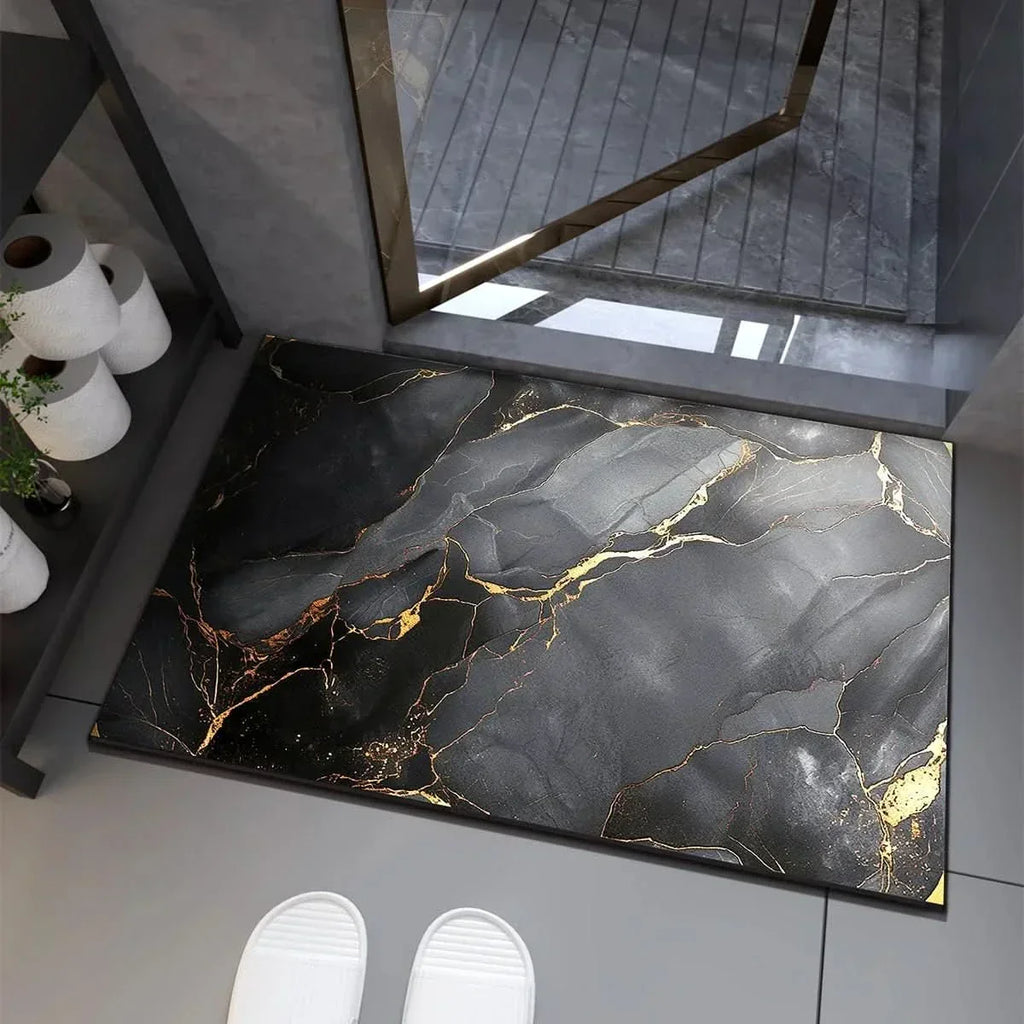 Black bath mat with gold marble-vein pattern for shower, quick-dry and non-slip