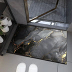 Black bath mat with gold marble-vein pattern for shower, quick-dry and non-slip