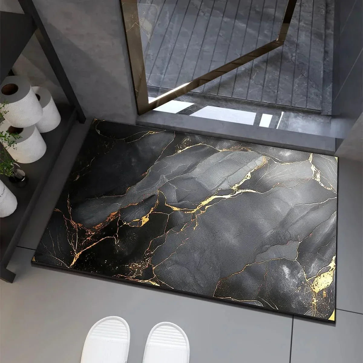 Black bath mat with gold marble-vein pattern for shower, quick-dry and non-slip