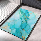 Aqua blue bath mat with teal marble veining and gold accents, non-slip quick-dry
