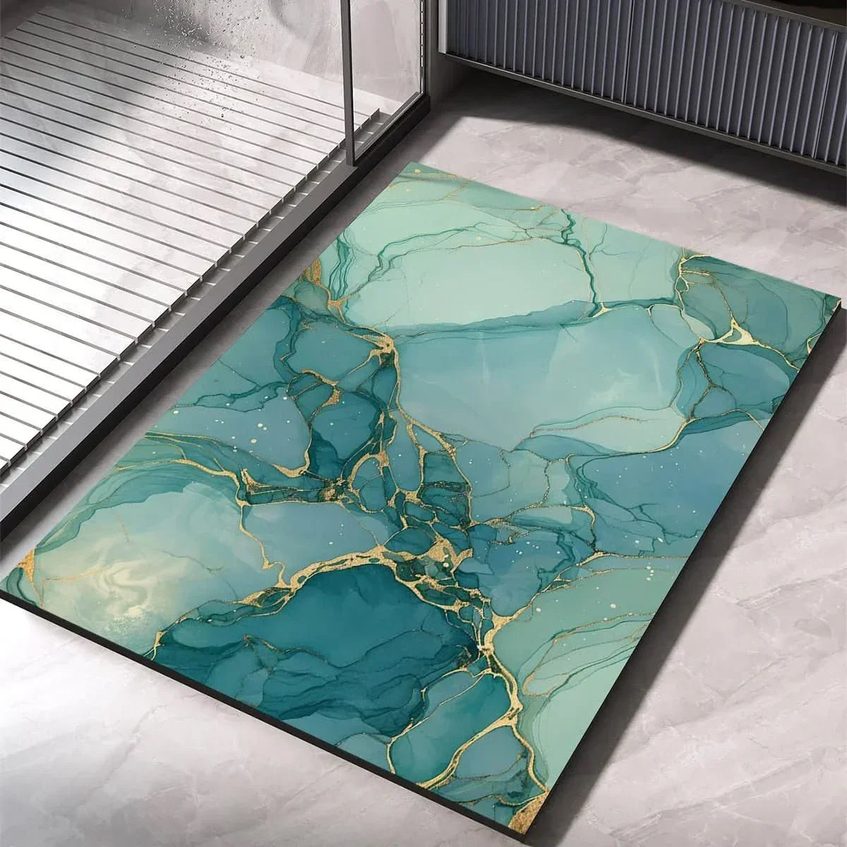 Teal bath mat with green-blue marble pattern and gold veins, quick-dry non-slip