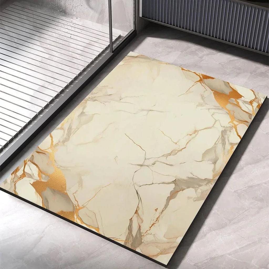 Cream white bath mat with gold-marble veining for shower, quick-dry non-slip