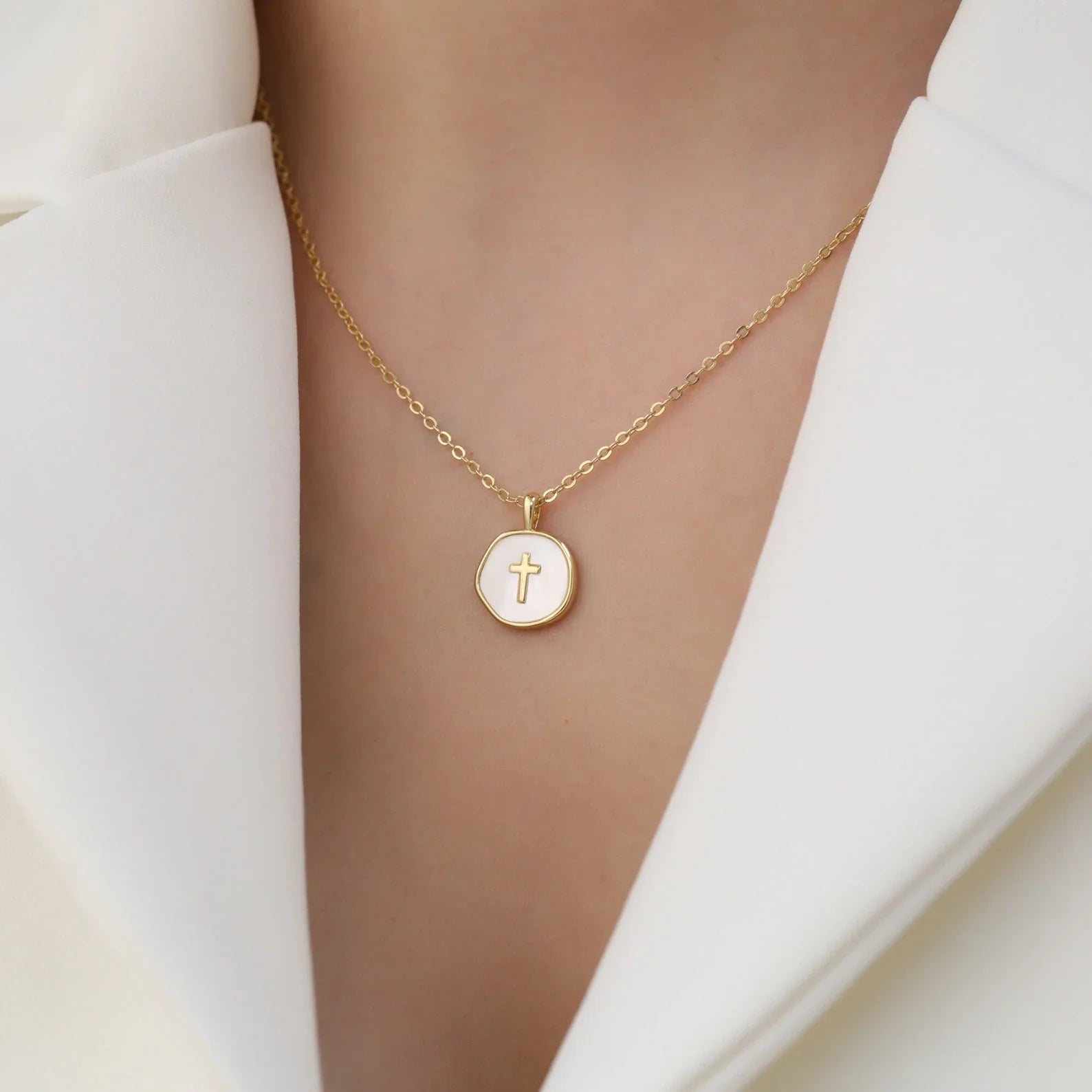Elyvia | Cross Pendant Necklace for Women - Gold Enamel Minimalist Elegant Fit-Necklaces-Pearl White-Gold-plated-Camoufit