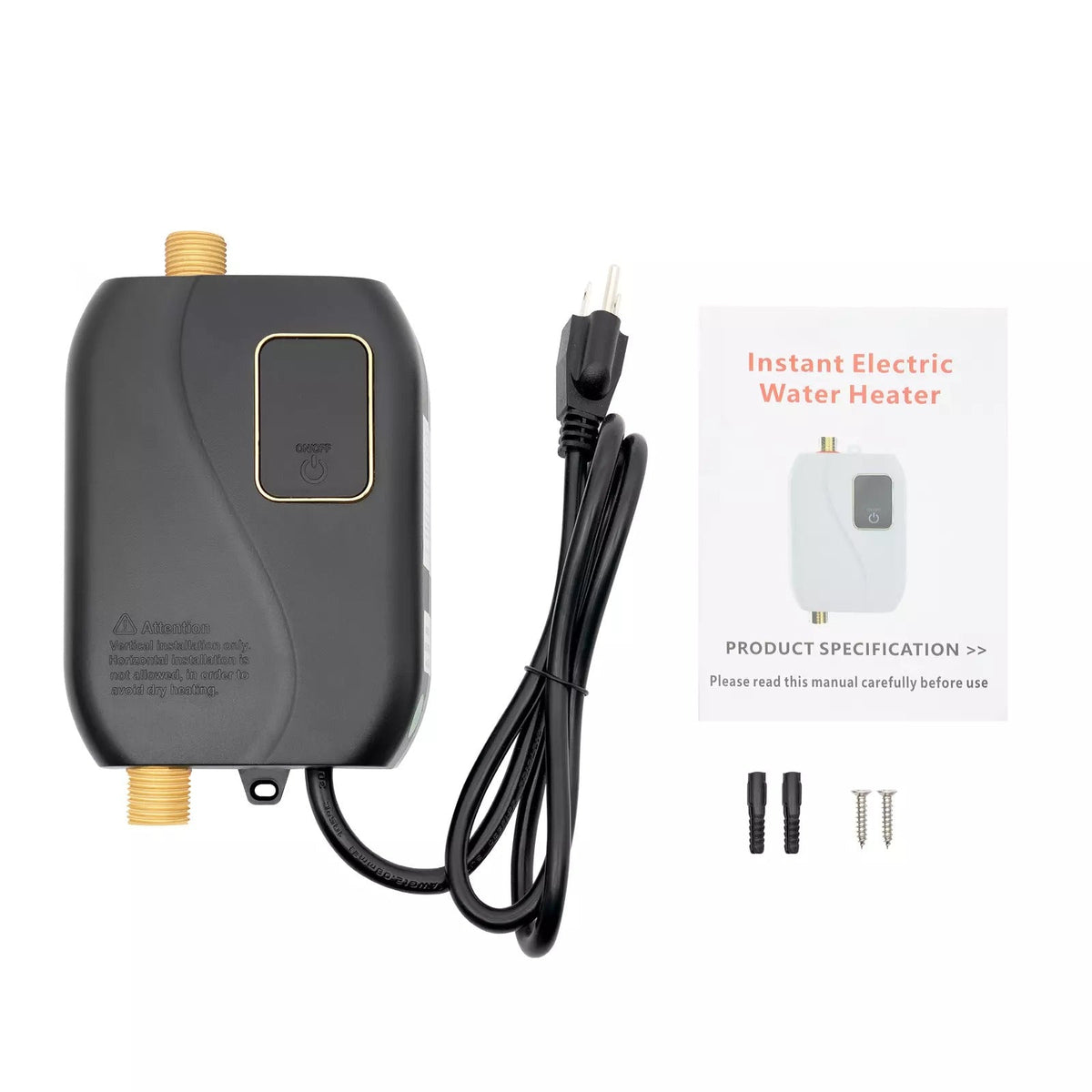 Compact electric tankless water heater with blue LED panel and power cord with plug
