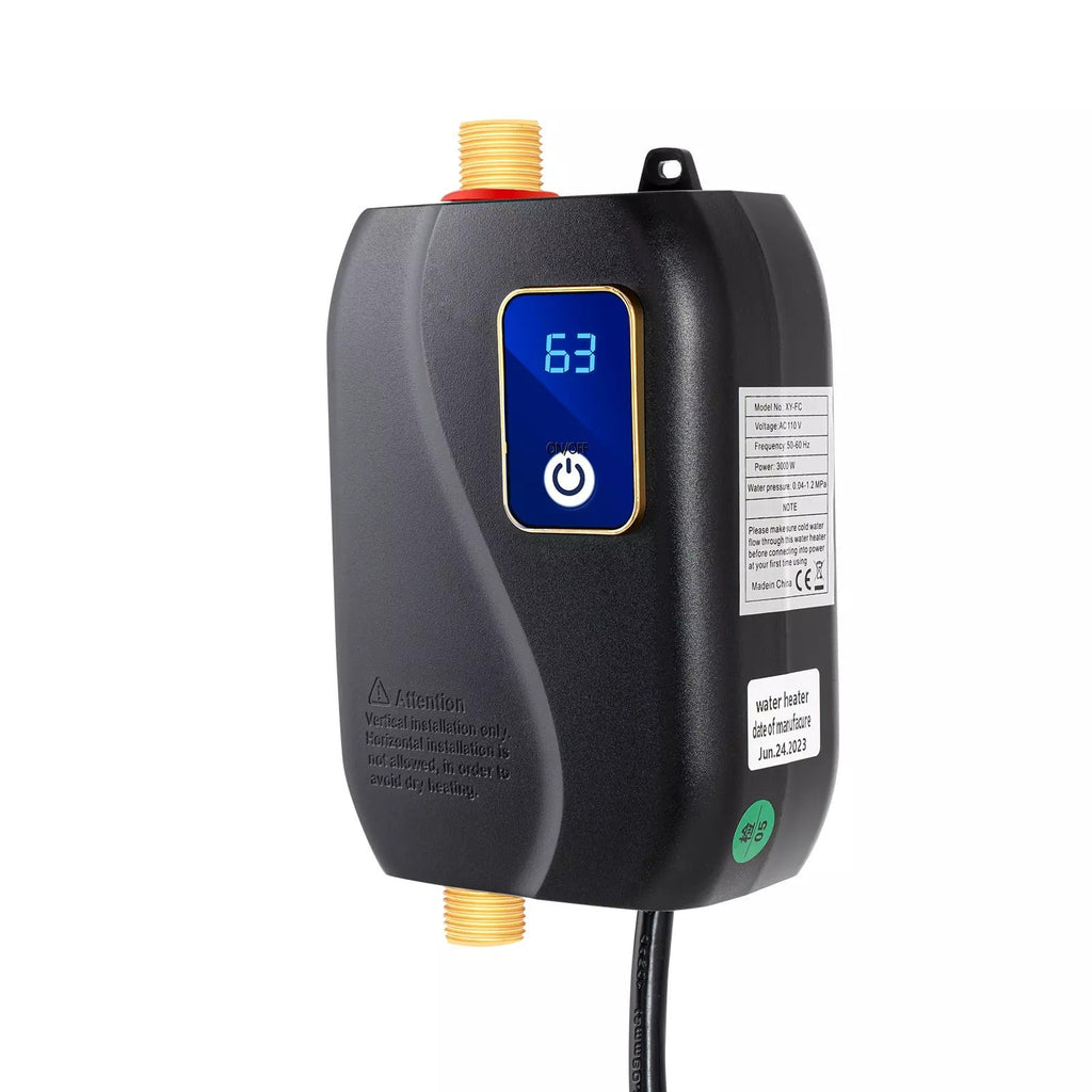 Compact wall-mount electric tankless water heater with blue LED temperature display