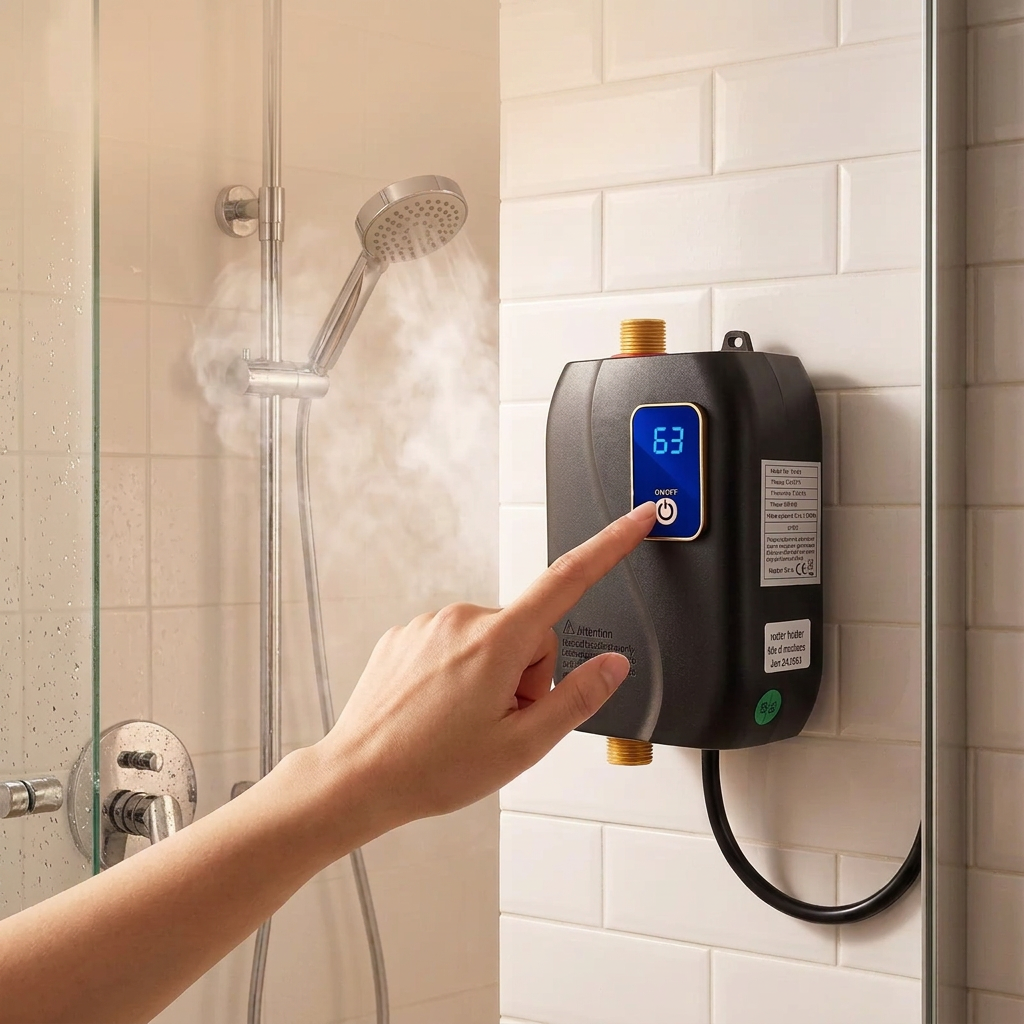 Compact electric tankless wall-mount water heater with blue LED display, control buttons