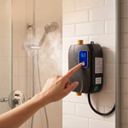 Compact electric tankless wall-mount water heater with blue LED display, control buttons