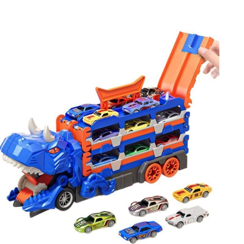 Dinosaur car launcher playset with blue T-rex track and multiple toy race cars