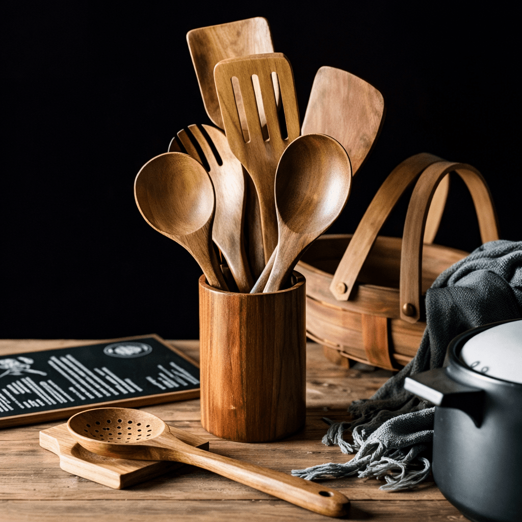 Natural unfinished wooden cooking utensils set in a cylindrical wooden holder