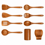 Set of carved wooden cooking utensils: ladles, spoons, and spatulas