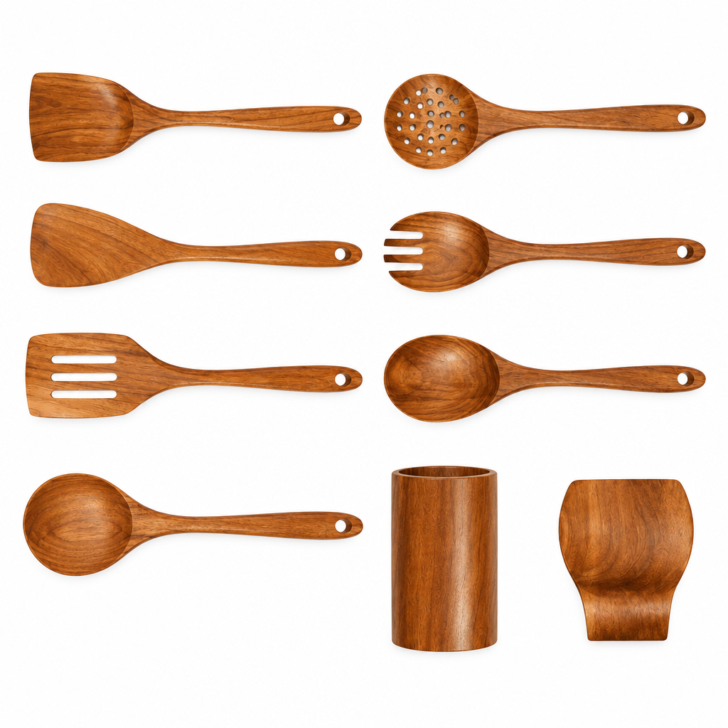 Set of carved wooden cooking utensils: ladles, spoons, and spatulas