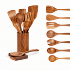 Wooden utensil set standing in a cylindrical holder with a small wooden base