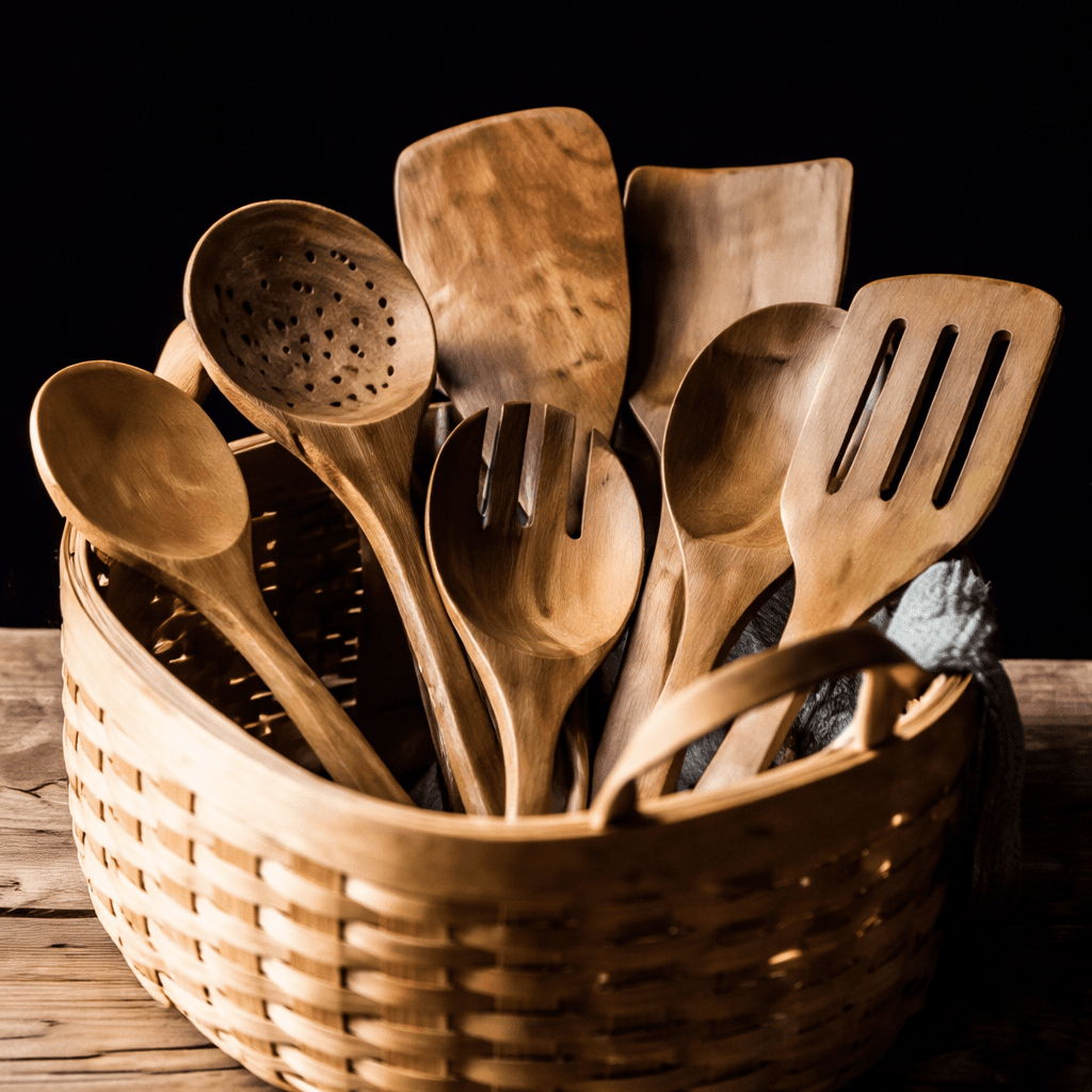 Assorted wooden cooking spoons and spatulas in a woven basket