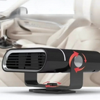 Black portable car heater fan with heat and airflow direction arrows