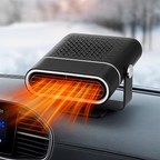 Black 12V car heater fan with rotating base and glowing heat outlet